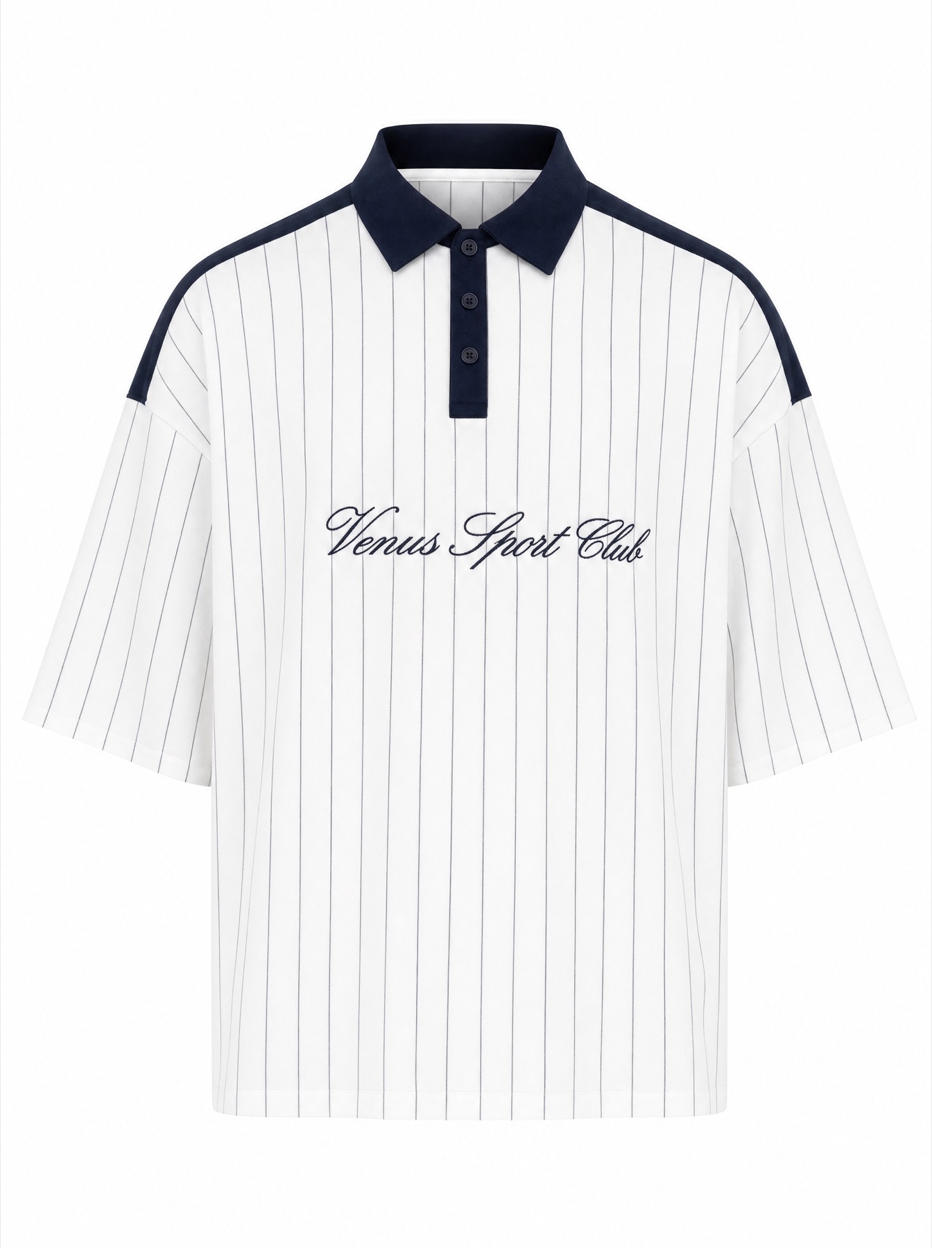 Polo rộng kẻ pinstripe — Trắng/Navy