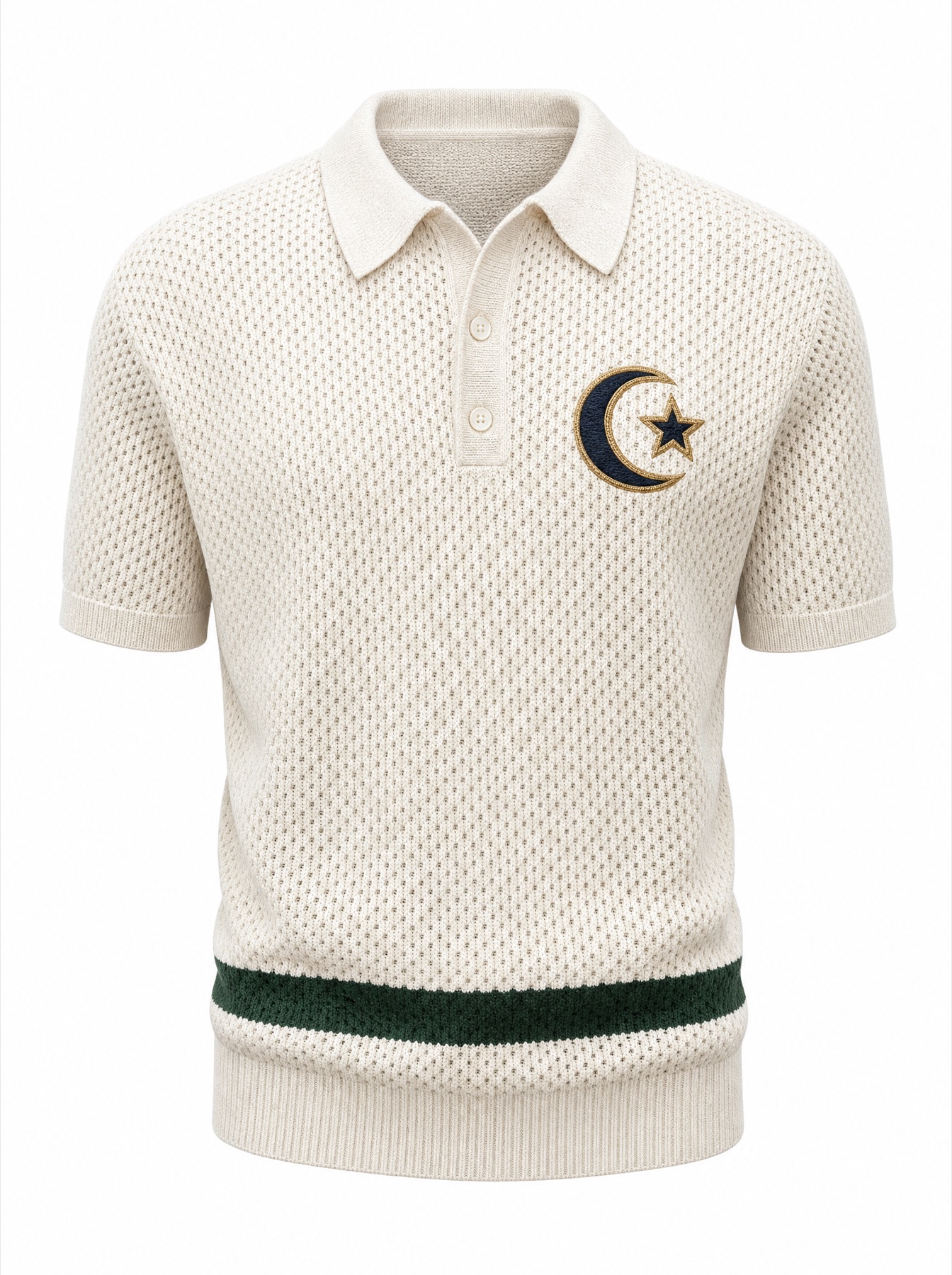 Polo dệt nổi crest lớn — Kem/Xanh