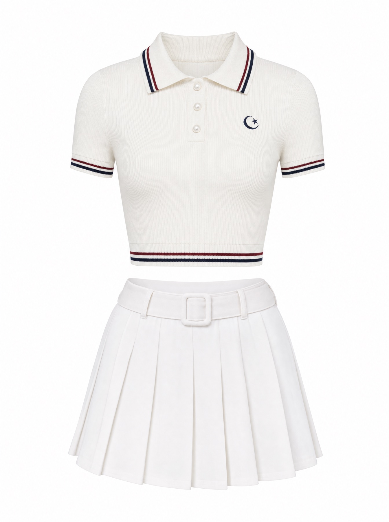 Set polo crop xếp ly — Trắng/Navy-Đỏ