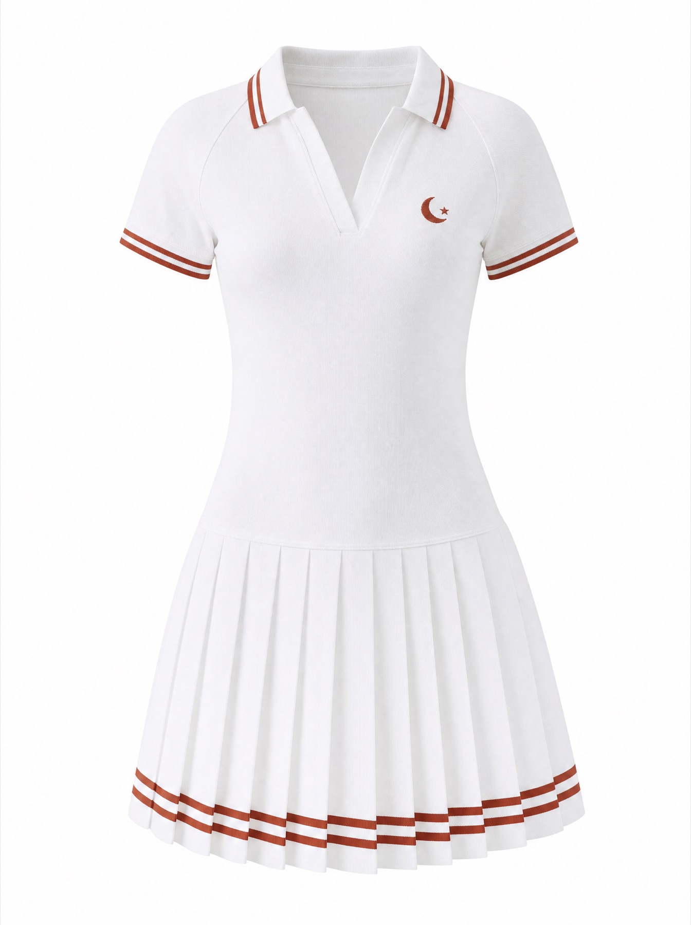 Đầm tennis xếp ly — Trắng/Viền cam đất